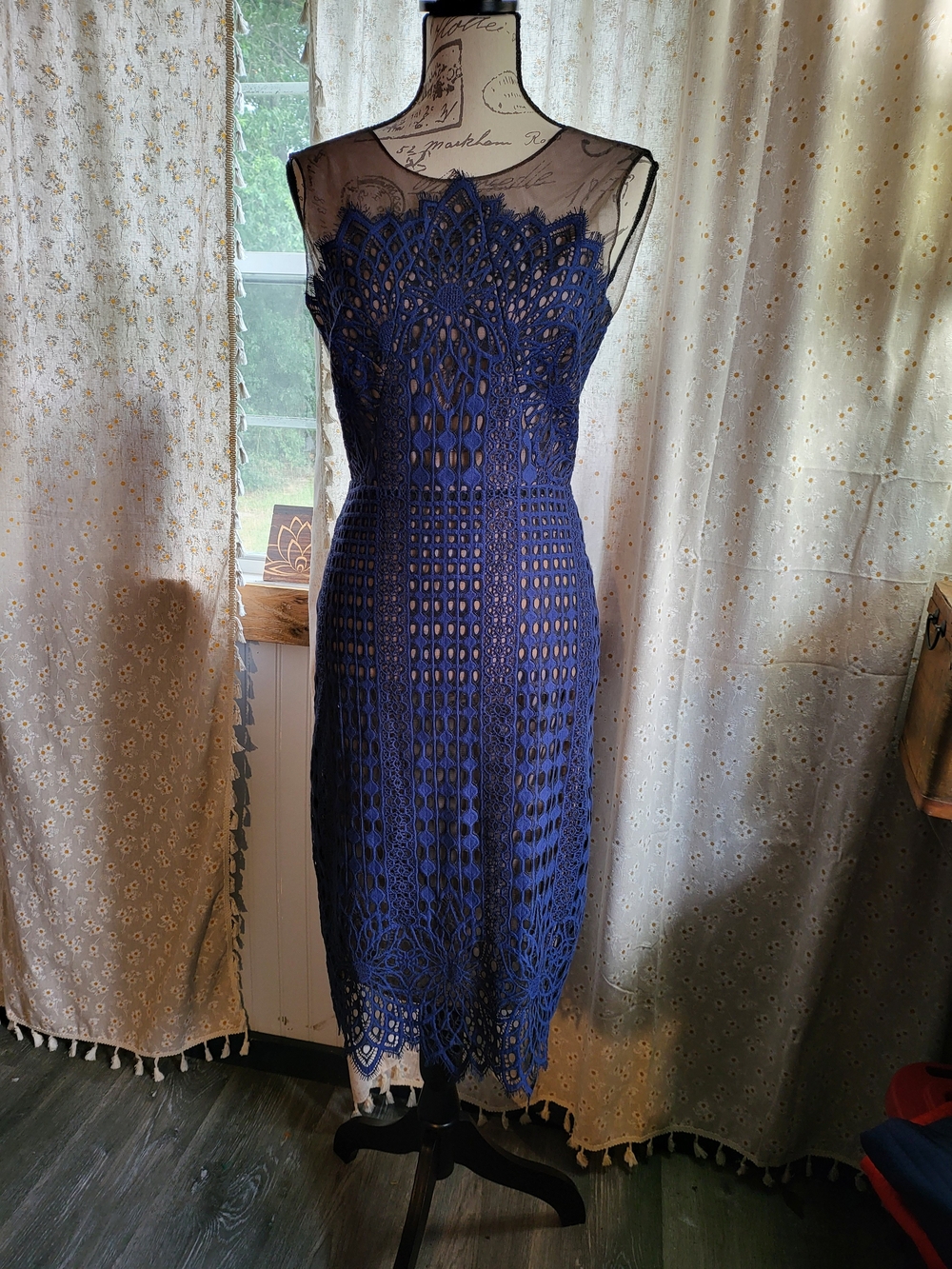 BCBGMaxAzria Sheer Neck Navy Blue Lace Midi Dress
